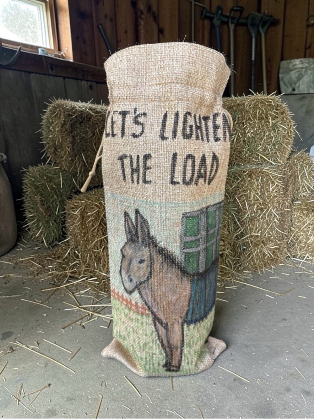 Burlap Donkey handdrawn wine bag. "Let's Lighten The Load". One-of-a-kind.